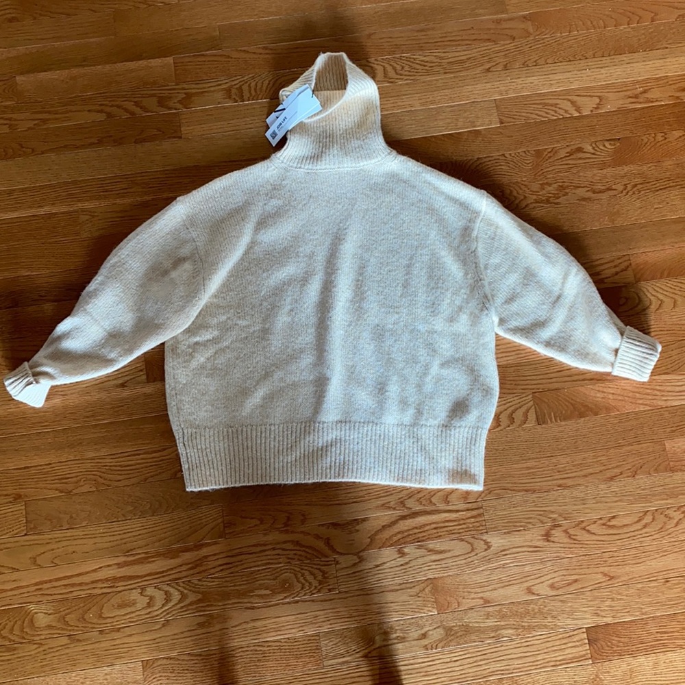 Zara high collar knit sweater, beige. Size large